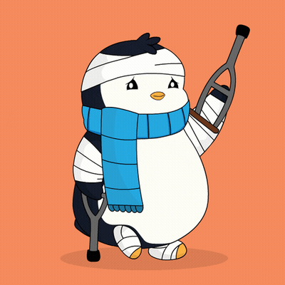 A Penguin With A Bandage On Its Head And A Scarf Is Holding Crutches GIF