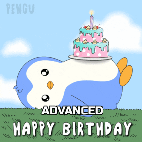 A Penguin With A Birthday Cake On Top Of It And The Words Advanced Happy Birthday GIF