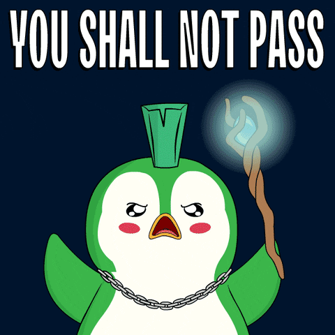 A Penguin With A Cane And The Words " You Shall Not Pass " Behind It GIF