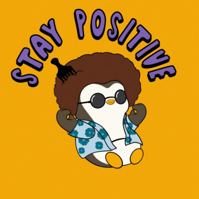 A Penguin With A Comb In Its Hair And The Words " Stay Positive " Around It GIF