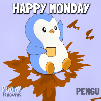 A Penguin With A Cup Of Coffee And The Words Happy Monday Behind It GIF