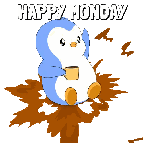 A Penguin With A Cup Of Coffee And The Words Happy Monday On The Bottom Sticker