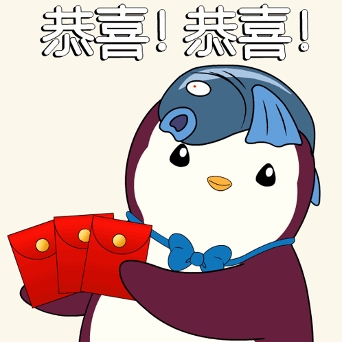 A Penguin With A Fish On Its Head Is Holding A Bunch Of Red Envelopes GIF