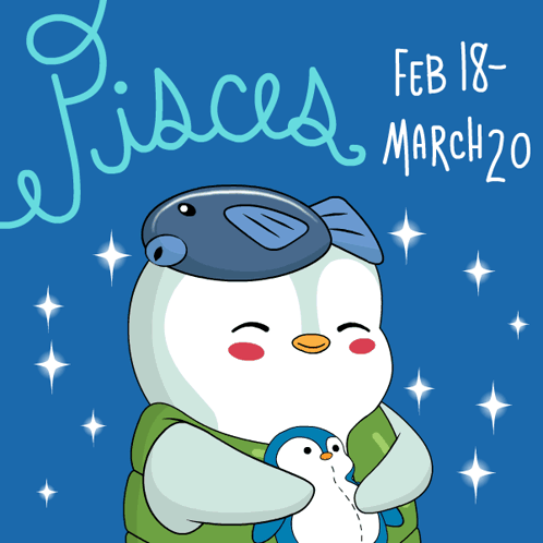 A Penguin With A Fish On Its Head Is Holding A Penguin In Front Of A Sign That Says " Pisces " GIF