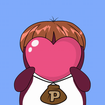 A Penguin With A Heart In Front Of Its Face Has A Bag With The Letter P On It GIF