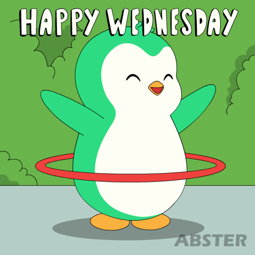 A Penguin With A Hula Hoop Around Its Neck And The Words Happy Wednesday Above It GIF