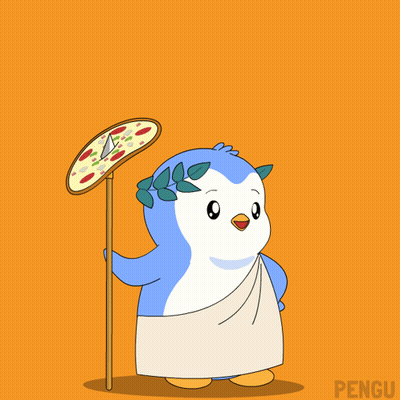 A Penguin With A Laurel Wreath On Its Head Is Holding A Spear And A Slice Of Pizza In The Air GIF