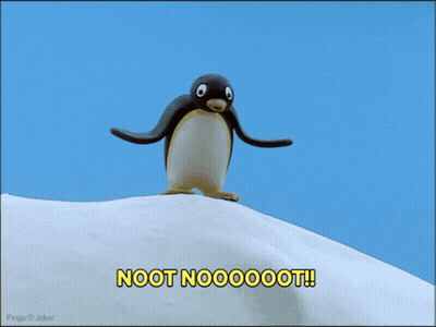 A Penguin With A Long Nose Is Standing On Top Of A Snow Covered Hill And Says Noot Nooooot GIF