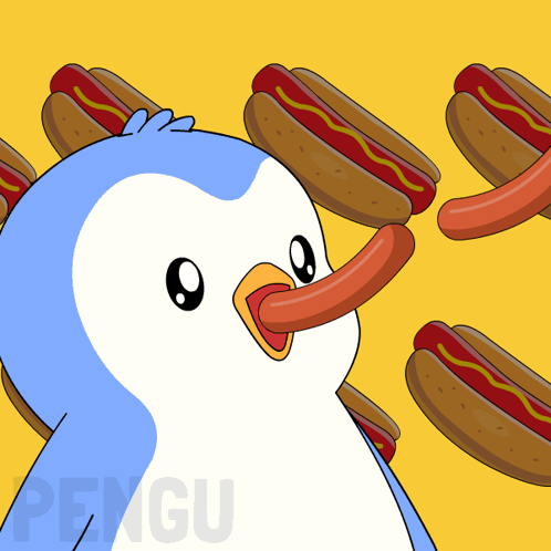A Penguin With A Long Tongue Is Surrounded By Hot Dogs With Mustard On Them GIF