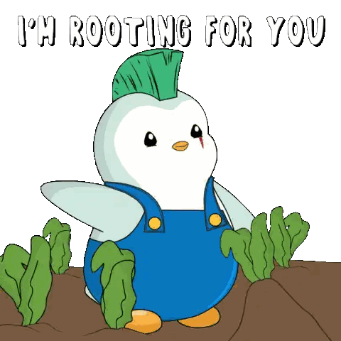 A Penguin With A Mohawk Is Holding A Carrot With The Words " I 'M Rooting For You " Below It Sticker