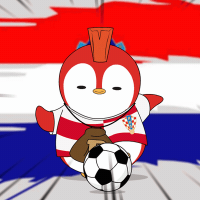 A Penguin With A Mohawk Is Holding A Soccer Ball In Front Of A Croatia Flag GIF