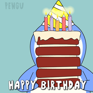 A Penguin With A Party Hat Is Holding A Birthday Cake GIF