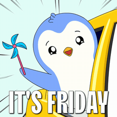 A Penguin With A Pinwheel And The Words It 'S Friday Behind It GIF