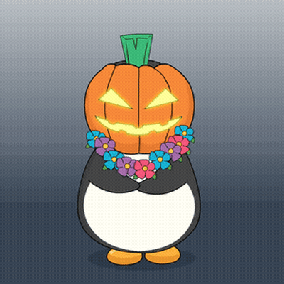 A Penguin With A Pumpkin On Its Head And Flowers Around His Neck GIF