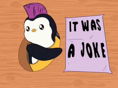 A Penguin With A Purple Mohawk Holds A Sign That Says It Was A Joke GIF