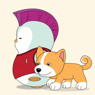 A Penguin With A Purple Mohawk Stands Next To A Small Dog GIF