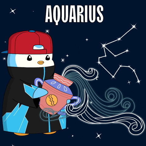 A Penguin With A Red Hat Is Holding An Aquarius Bucket In Front Of A Constellation GIF