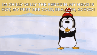 A Penguin With A Red Hat On Is Standing On Ice With The Words Im Chilly Willy The Penguin GIF