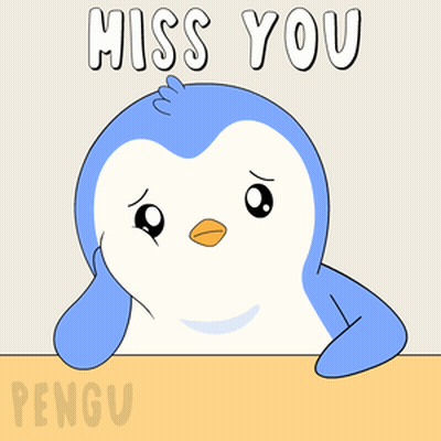 A Penguin With A Sad Look On Its Face And The Words " Miss You " Below It GIF