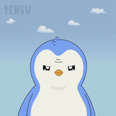 A Penguin With A Sad Look On Its Face Is Standing In Front Of A Blue Sky With The Word Pengu Above It GIF