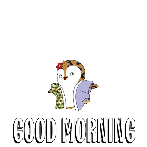 A Penguin With A Scarf Around Its Neck And The Words Good Morning On The Bottom Sticker