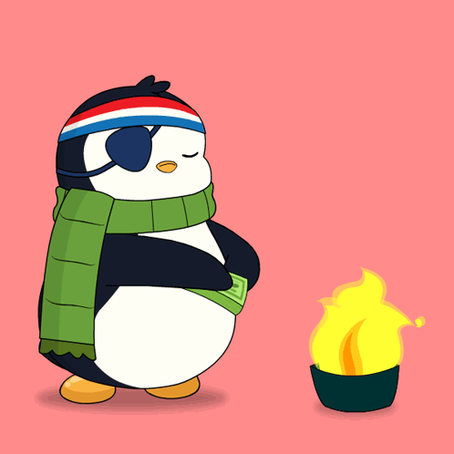 A Penguin With A Scarf Around Its Neck Is Holding A Dollar Bill In Its Hand GIF