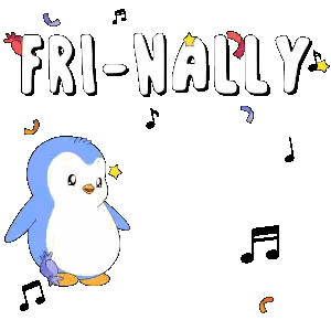 A Penguin With A Star In Its Mouth Is Surrounded By Music Notes And The Word Fri-Nally Sticker