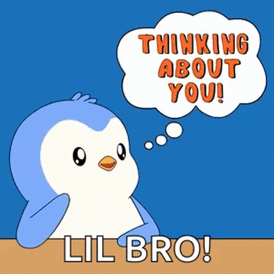 A Penguin With A Thought Bubble Saying Thinking About You Lil Bro GIF