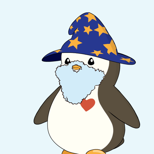 A Penguin With A Wizard Hat And Beard Has A Heart On His Chest GIF