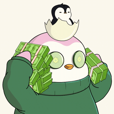 A Penguin With Cucumber Slices On His Eyes Holds A Pile Of Money GIF