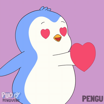 A Penguin With Hearts In Its Eyes Is Holding A Heart And The Word Pengu Is On The Bottom Right GIF