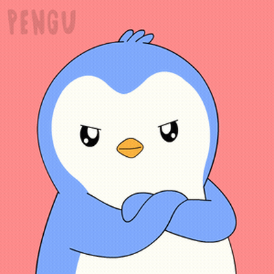 A Penguin With Its Arms Crossed Is On A Pink Background With The Word Pengu Above It GIF