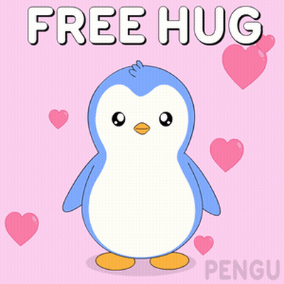 A Penguin With Its Arms Outstretched Is Surrounded By Pink Hearts And Says Free Hug GIF