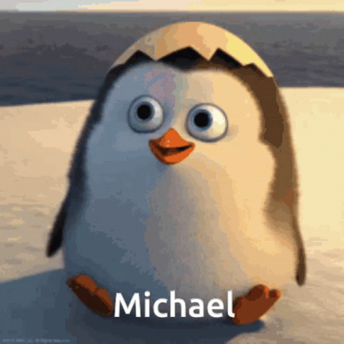 A Penguin With The Name Michael On It 'S Head GIF