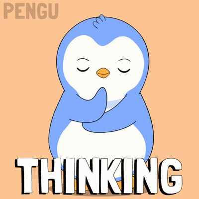 A Penguin With The Word Thinking Written Underneath It GIF