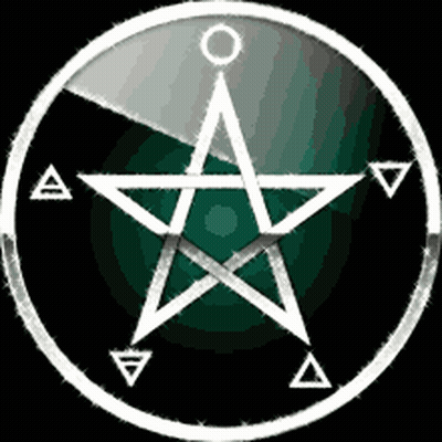 A Pentagram In A Circle With Triangles Around It On A Black Background GIF