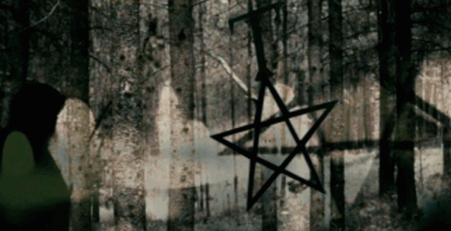 A Pentagram Is Hanging From A Tree In The Dark GIF