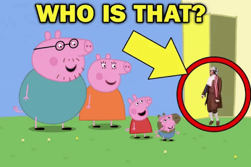 A Peppa Pig Cartoon With A Yellow Arrow Pointing At George Washington GIF