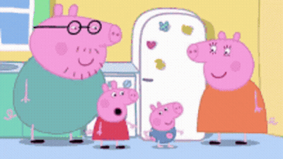 A Peppa Pig Family Standing In Front Of A Door With Hearts On It GIF