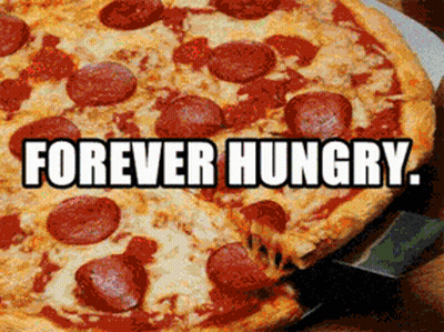 A Pepperoni Pizza With The Words Forever Hungry Written Above It GIF