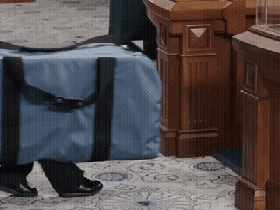 A Person Carrying A Blue Bag In A Room GIF