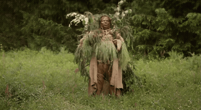A Person Covered In Leaves Is Standing In A Field Of Grass GIF