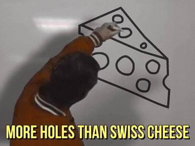 A Person Draws A Slice Of Swiss Cheese On A Whiteboard With The Caption More Holes Than Swiss Cheese GIF