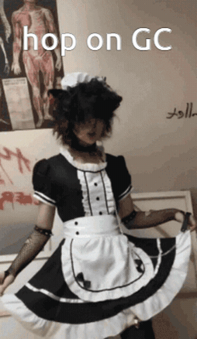 A Person Dressed As A Maid With The Words Hop On Gc Written On The Bottom GIF