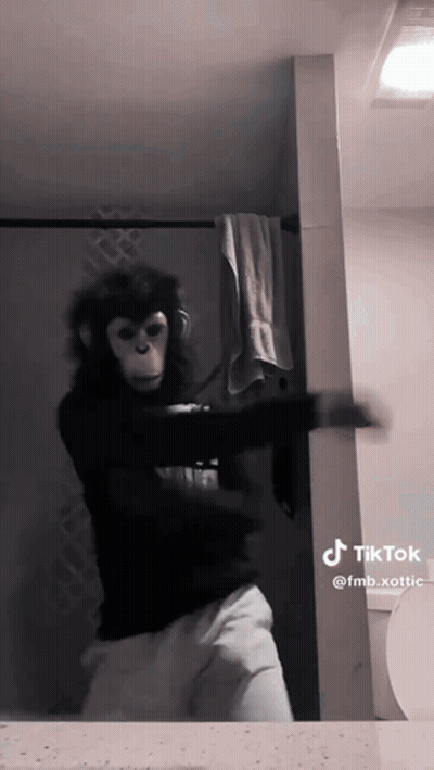 A Person Dressed As A Monkey Is Dancing In Front Of A Mirror GIF
