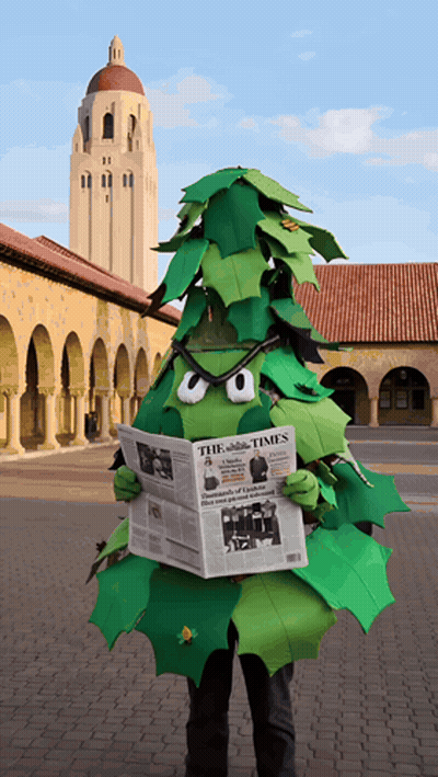 A Person Dressed As A Tree Is Reading A Newspaper Called The Times GIF