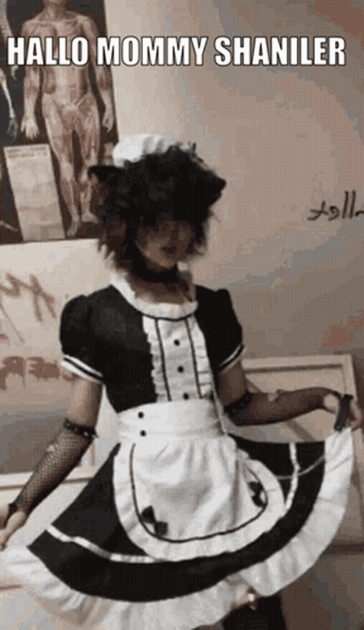 A Person Dressed In A Maid Costume With The Words Hallo Mommy Shaniler Above Them GIF