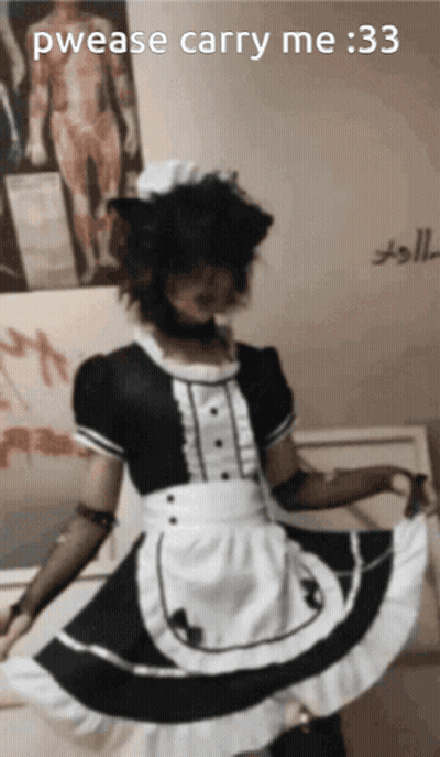 A Person Dressed In A Maid Costume With The Words Pwease Carry Me : 33 Above Them GIF