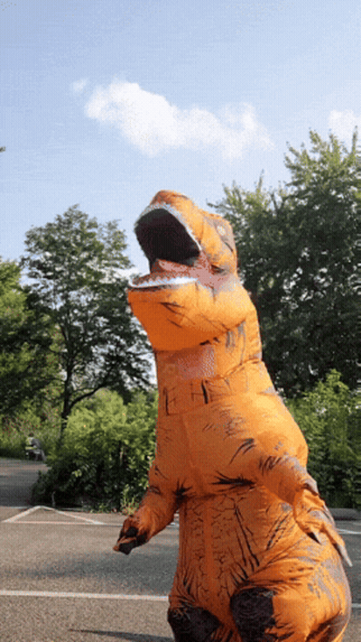 A Person Dressed In An Inflatable T-Rex Costume GIF