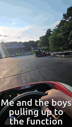 A Person Driving A Go Kart With The Words Me And The Boys Pulling Up To The Function On The Bottom GIF